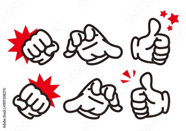 Obraz グッドサインの手アイコンセット（線画・赤アクセント付き）