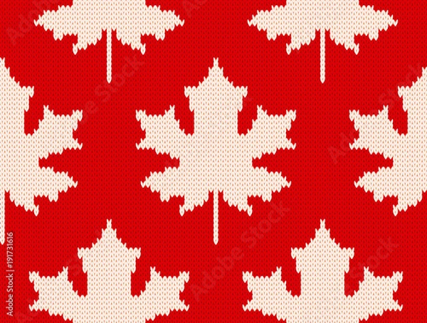 Fototapeta Maple leaves on red - Seamless knitting pattern