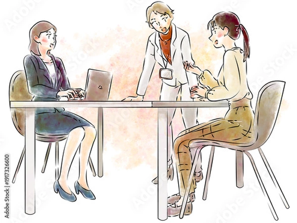 Obraz 水彩風・女性社員によるビジネス打ち合わせシーンのイラスト
