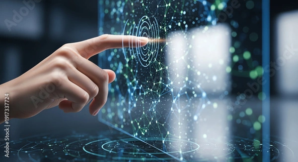 Fototapeta Futuristic Digital Interface with Hand Interacting with Virtual Data.