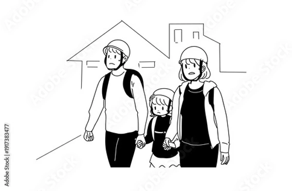 Obraz ヘルメットを被って避難する家族のイラスト　災害と防災　手書きベクター素材