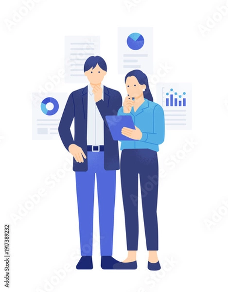 Obraz グラフを背景に分析するビジネスパーソン。タブレットでデータを共有する男女の全身イラスト素材。