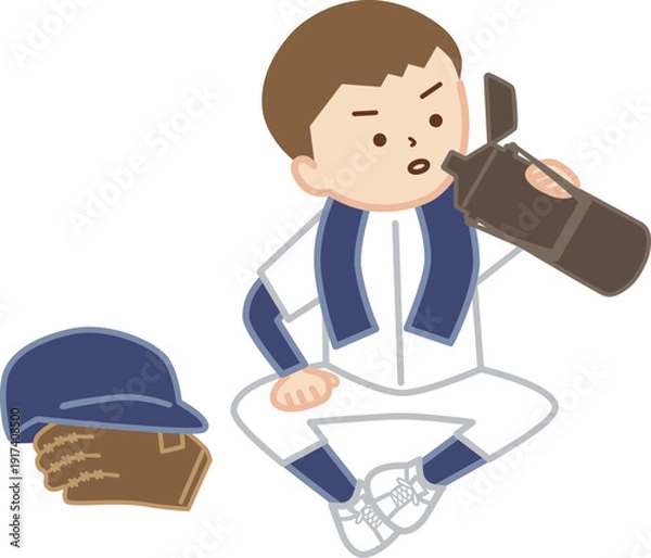 Obraz 首にタオルを巻いて地面に座って水分補給をする野球少年