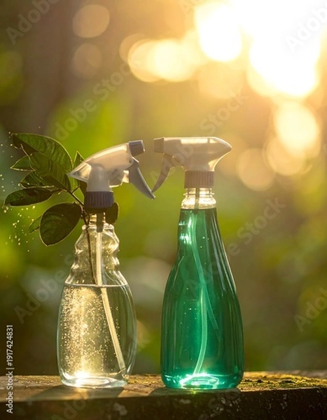 Obraz Two spray bottles on a surface with a blurred background