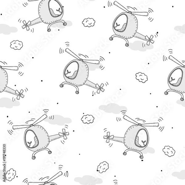 Obraz Cute seamless pattern with helicopter cartoon hand drawn vector illustration