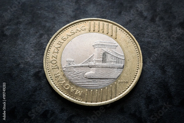 Fototapeta Hungary currency, two hundred forint coin reverse with budapest bridge close up on black gray background