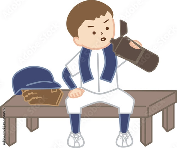 Obraz 首にタオルを巻いてベンチに座って水分補給をする野球少年
