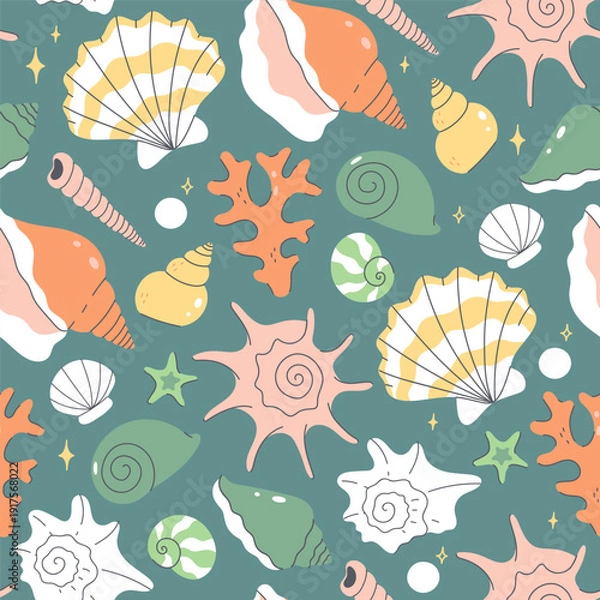 Fototapeta Seamless pattern with seashells, starfish, and pearls. Vector graphics.