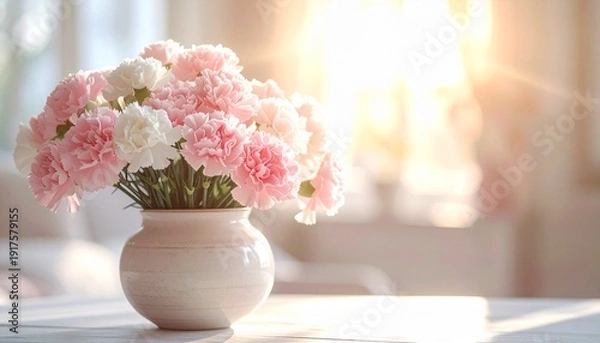 Obraz 母の日に贈る優しいピンクのカーネーションと柔らかな光が包む穏やかな風景