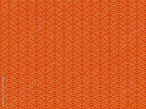 Obraz シームレスな赤地に金色ラインの変わり青海波文様背景