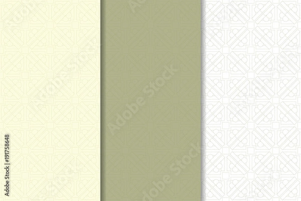 Fototapeta Olive green and white geometric ornaments. Set of seamless patterns