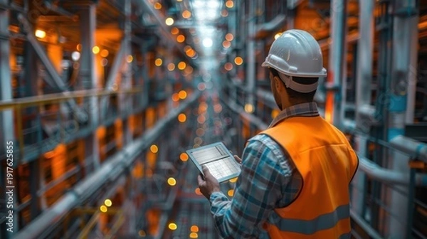 Obraz Construction safety inspection with engineer using tablet at building site