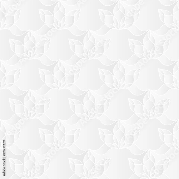 Fototapeta Neutral white floral texture. Decorative background with 3d carving effect. Vector seamless repeating pattern of stylized lotus flowers.