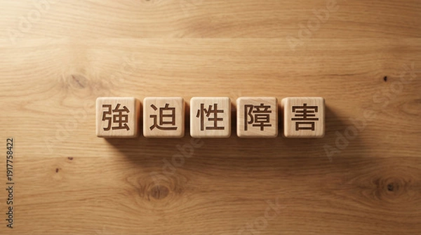 Obraz 強迫性障害の文字が刻まれた木製ブロックが木の板の上に並ぶ | ナチュラルウッド