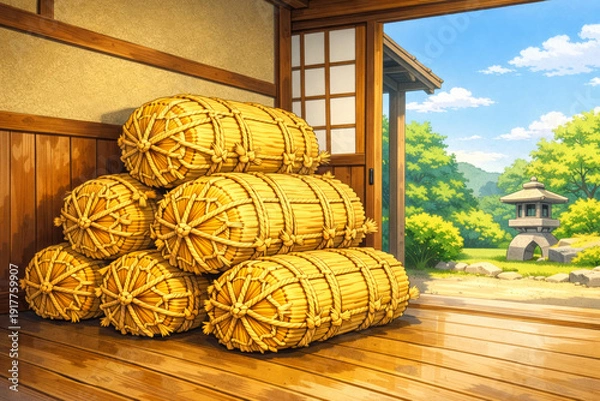 Obraz 木造蔵に積まれた米俵