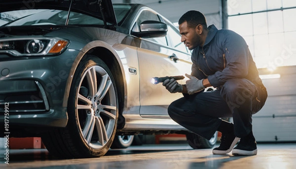 Obraz Man inspecting a car with a flashlight inside a garage.