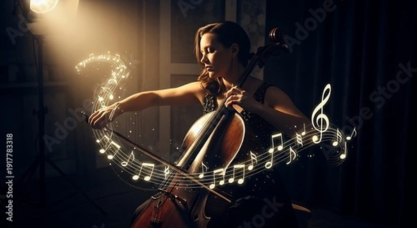 Obraz Expressive Classical Cellist with Abstract Musical Notes