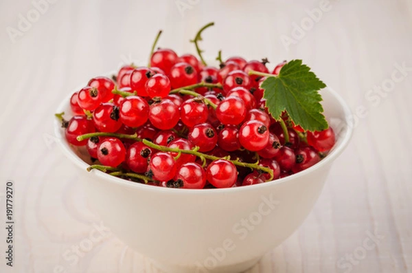 Fototapeta red currant in a white plate on a white background/red currant in a white plate on a white background. selective focus