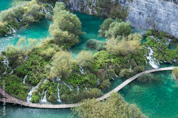 Obraz A boardwalk cuts right beside a long series of waterfalls in Plitvice Lakes National Park. The water is clear and turquoise and there are white cliffs in the background. This is an aerial shot.