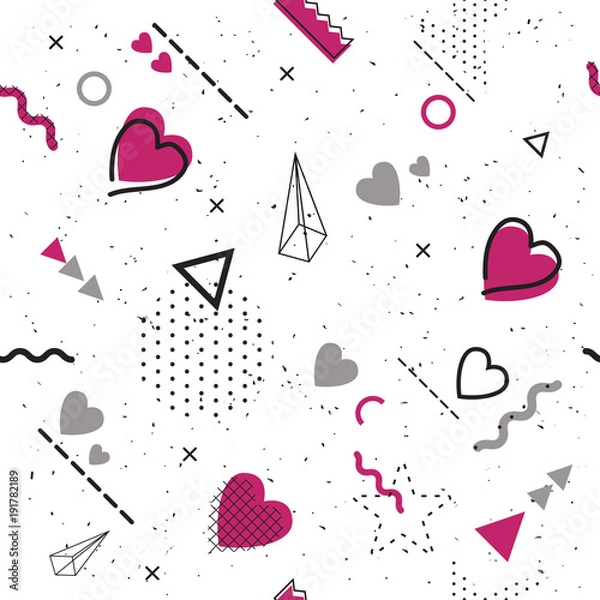 Obraz GRUNGE LOVE SEAMLESS VECTOR PATTERN. MEMPHIS ART DESIGN GEOMETRIC ELEMENTS. VALENTINES DAY BACKGROUND