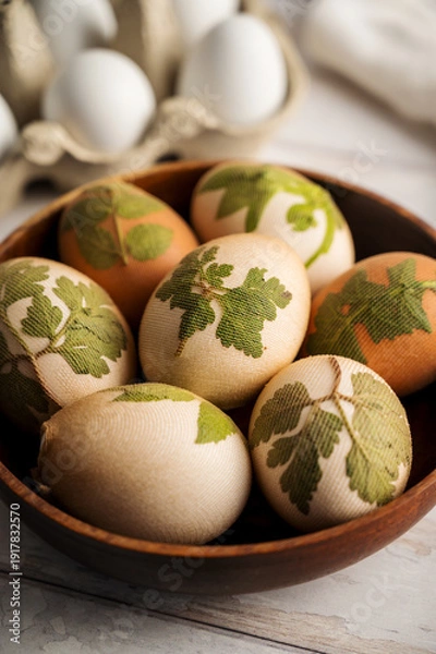 Obraz DIY Easter eggs with natural leaves, creating patterns on eggs using plants. Eco friendly colouring easter eggs