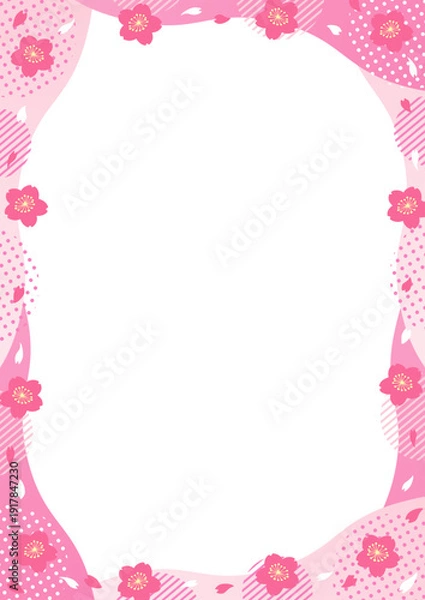 Obraz 桜とドットやストライプの丸い幾何学模様の縦型のフレーム_ピンク