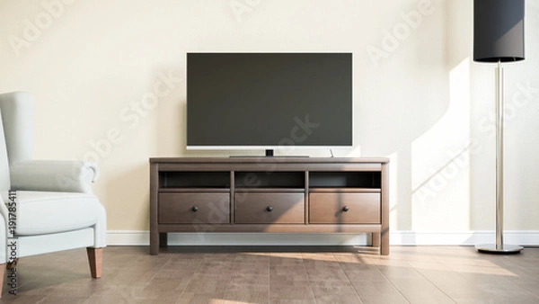 Obraz TV on stand in bright room. 3D illustration.