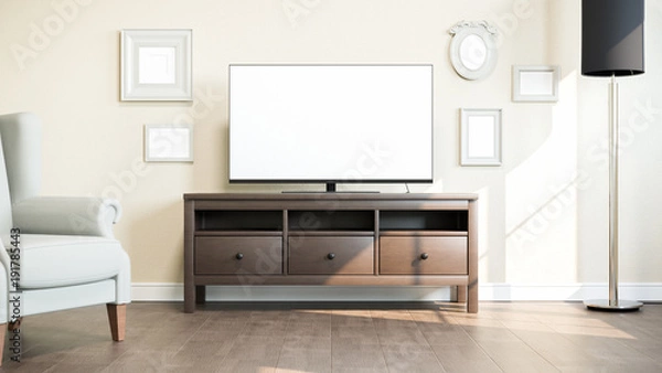 Fototapeta TV on stand in bright room. 3D illustration.