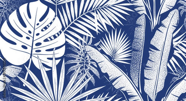 Obraz Tropical Foliage Pattern in Deep Indigo and White