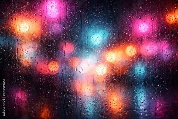 Obraz 雨粒越しに滲むネオン光塊のエモーショナル背景