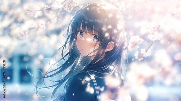 Obraz 桜の木の下で髪をなびかせているアニメ調の美少女