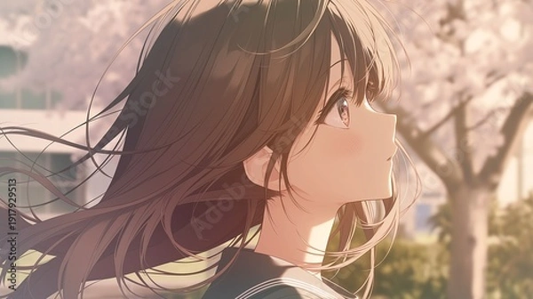 Obraz 桜の木の下で髪をなびかせているアニメ調の美少女