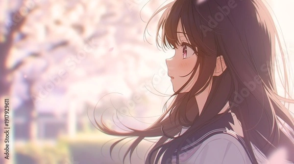 Obraz 桜の木の下で髪をなびかせているアニメ調の美少女