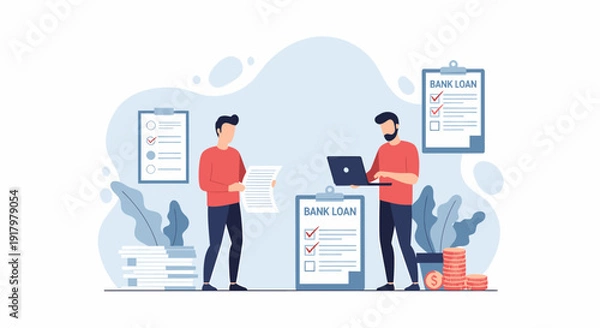 Obraz Two men collaborating on a business checklist project.