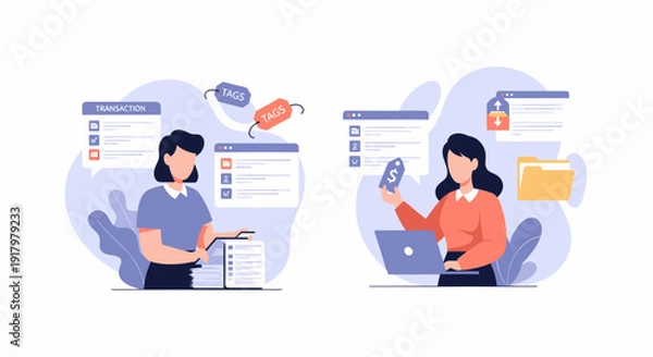 Obraz Two women managing digital data and files on computers.