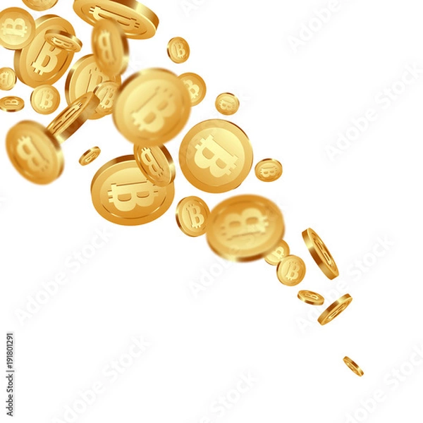 Fototapeta 3d realistic falling golden metallic bitcoins, cryptocurrency sign. Isolated on white background. Vector illustration.