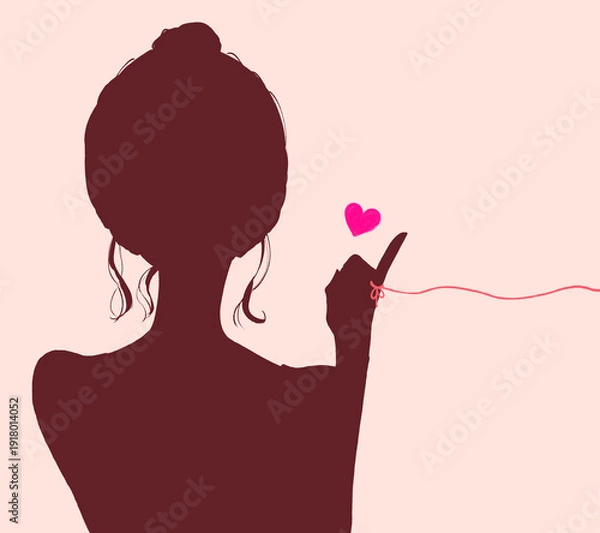 Obraz 運命の赤い糸を結んだお団子頭の女性　シルエット