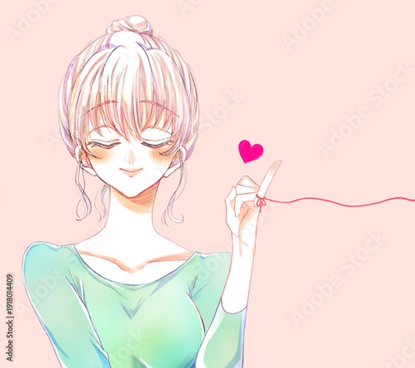 Obraz 運命の赤い糸を結んだお団子頭の女性