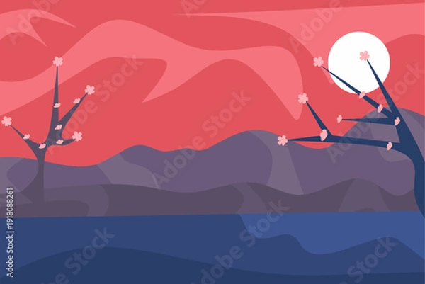 Obraz Sakura Moonlight Landscape Vector Illustration