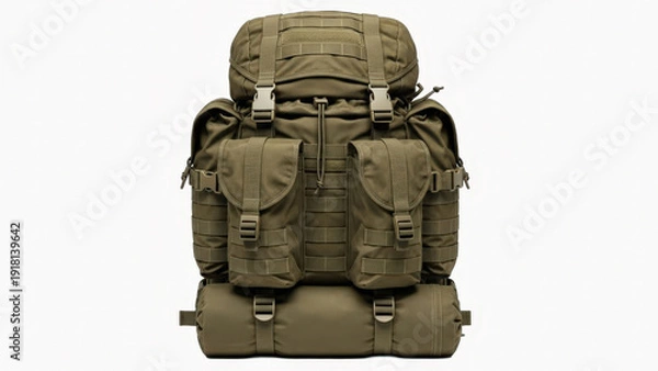 Obraz Large olive green tactical backpack with multiple pockets and buckles