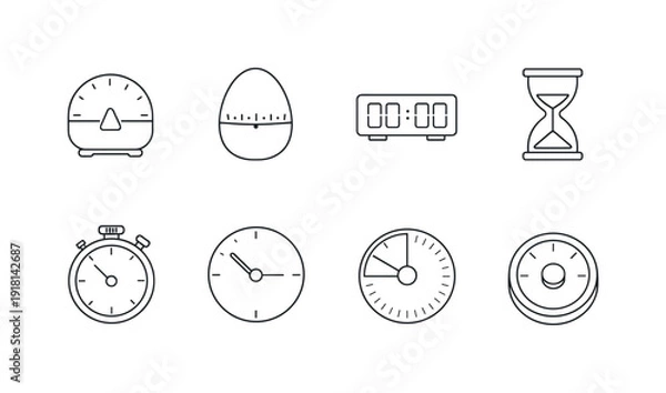 Obraz Home kitchen timers: kitchen timer, egg timer, digital timer, hourglass, stopwatch, wall clock, countdown timer, magnetic timer