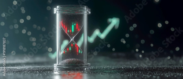 Obraz 砂時計と株価チャート　時間と投資判断のコンセプト