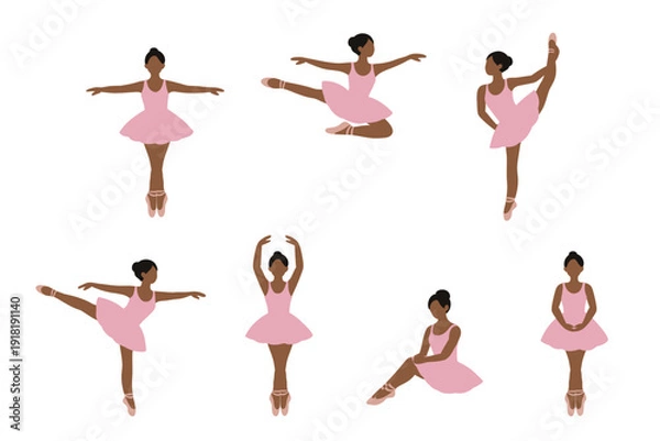 Obraz フラットイラスト　いろいろなポーズのバレリーナ　ダークスキン