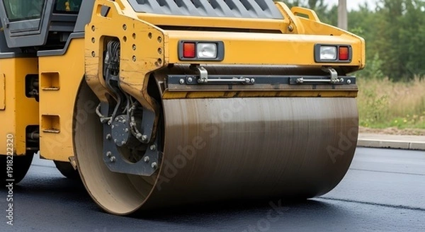 Obraz Yellow Road Roller Compacting Asphalt Pavement Section