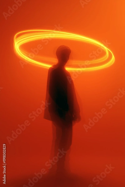 Obraz Silhouette with glowing light ring on orange background
