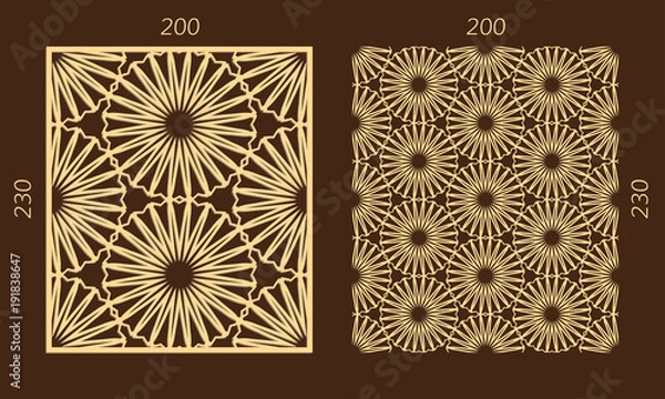 Obraz Laser cutting set. Woodcut vector panel. Plywood lasercut eastern design. Hexagonal seamless pattern for printing, engraving, paper cutting. Stencil ornament.