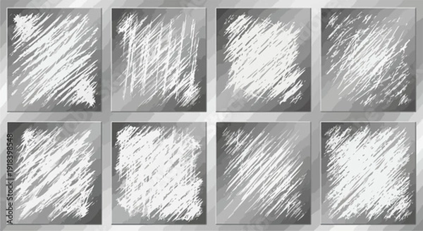 Obraz 複数の擦り傷と摩耗が特徴的な、灰色と銀色のメタリックなグランジテクスチャ背景素材のベクターセット。デジタルデザインや装飾に最適です。