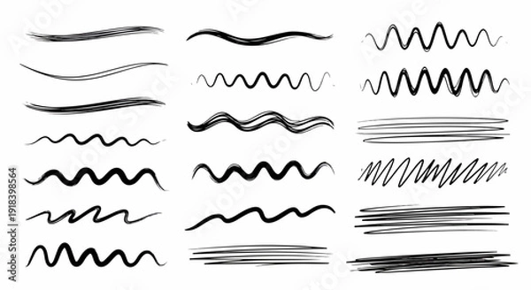 Obraz 白い背景に描かれた、手書きの波線、ジグザグ線、落書き、下線などの様々なブラシストロークと線画のグラフィック要素のセット。