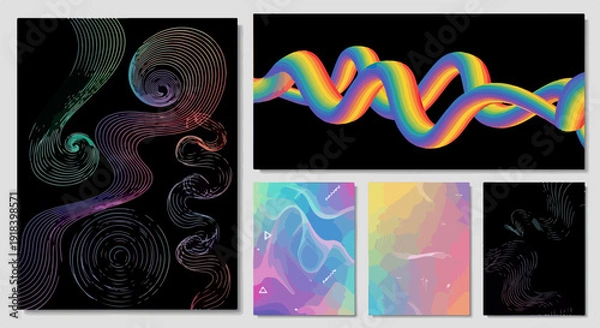 Obraz 虹色のねじれたチューブや流れるような抽象曲線、ホログラフィックなグラデーション背景を含む、モダンでダイナミックなデザイン要素のコレクション。