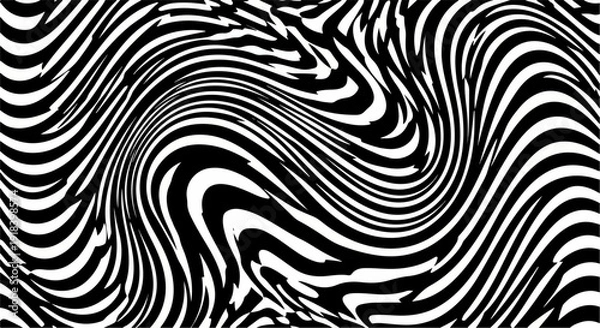 Obraz 視覚的な錯覚を誘発する白黒の抽象的な渦巻き模様が、ダイナミックでサイケデリックな効果を生み出すモダンなデザイン背景。